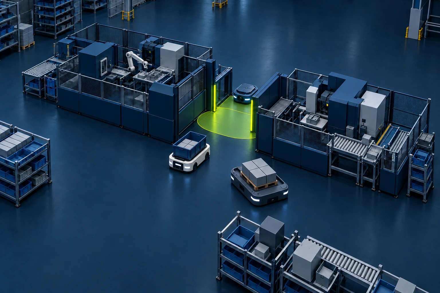Illustration: Several mobile robots wait in front of the entrance to a production cell