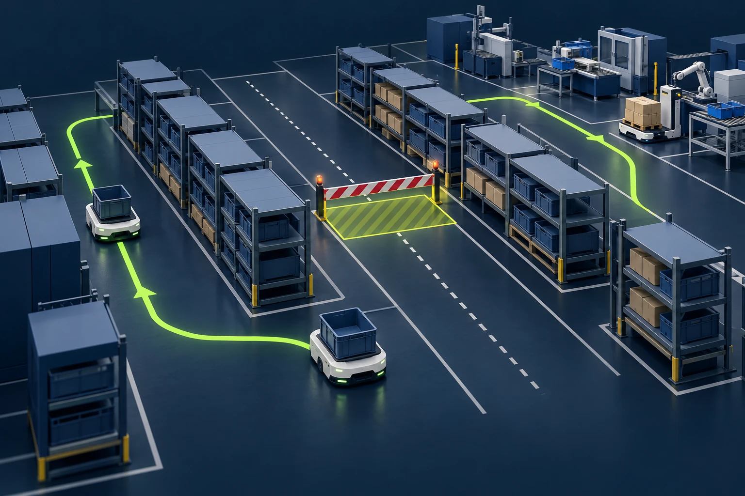 Illustration: An aisle is blocked by a barrier, robots take an alternative route