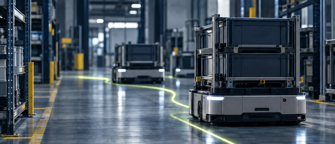 Autonomous transport vehicles carrying bins in a factory aisle